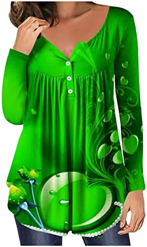 Пимоксв Зелен Свети Патрикс Ден кошули жени плетени со скриени стомачни туники врвни носења со хеланки со долг ракав за одмор Хенли