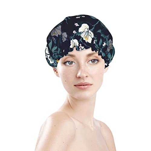 Womenените што можат да се користат затегнати капа за коса, морнарица хибискус тропски цветни двојни слоеви водоотпорна капа капа