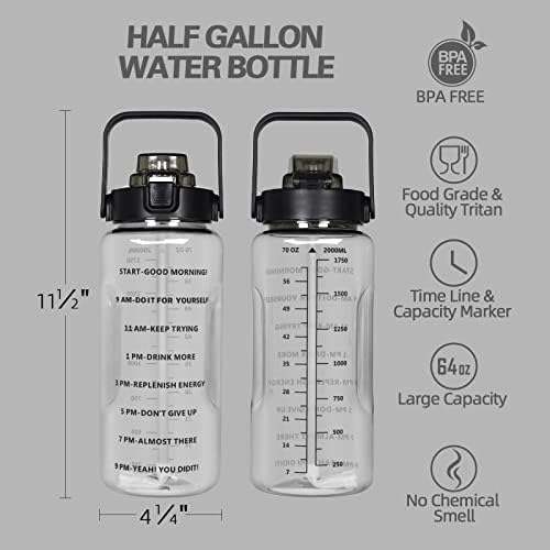 Калава Половина галон шише со вода со ракав и слама и временски маркер- 64 мл Мотивационо шише со вода за пиење спортски спортови