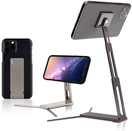 Footstand Steel - Мобилен телефон се залага за биро, iPhone, Android, мали таблети - преклопување, прилагодлив за висина, цврст и лесен држач за паметни телефони за алуминиум за раб