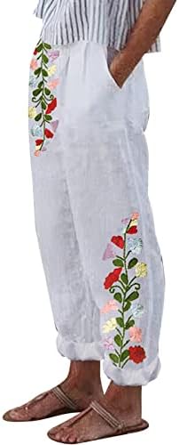 Постелни панталони за жени цветни печати затегнати панталони со џебови за лизгање Бохо гроздобер обичен еластичен панталони на плажа на плажа