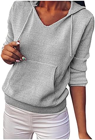 Womenените цврсти обични влезови пуловер v-вратот маица лабава долги ракави дуксери со долги ракави wweatshirts кенгур џеб