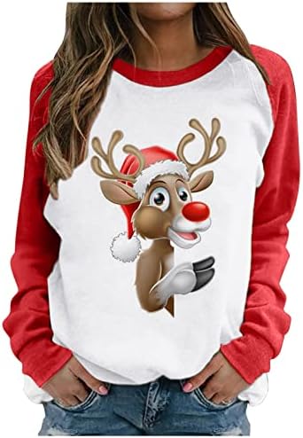 Божиќни кошули за жени, женски топол елени печати долги ракави на екипажот на вратот на вратот паѓаат кошули Обични Божиќни џемпери