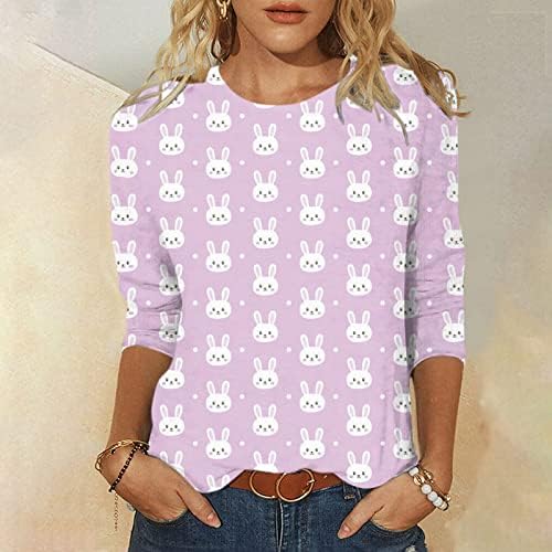 Женски Велигденски Кошули Обични Три Четвртини Ракави Печатење Круг Вратот Пуловер Врвот Блуза Блузи Облечени