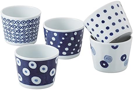 Јапонски керамички керамички керамички хасами охоко 200 мл - сет од 5 чаши - Традиционални индиго сини обрасци 13304