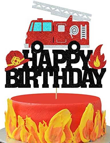 Оган Камион Торта Топер Пожарникар Пожарникар Среќен Роденден Торта Украси За Момчиња Девојки Сјајот Оган Камион Тема Партија Декорација Материјали
