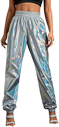 SumyRocks женски металик високи еластични половини издвојувани долги панталони хип -хоп клуб панталони џемпери