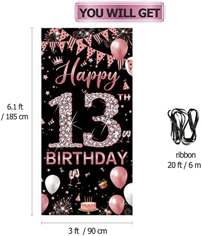 13 -ти роденденски украси на вратата на вратата, розово злато среќна 13 -та роденденска декорација за девојчиња, декорација на постери за знаци