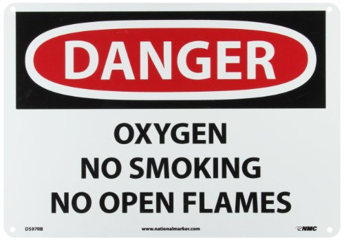 NMC D597RB Опасност - Кислород без пушење без знак на отворен пламен - 14 in. X 10 in., Црвен/црн текст на бел, знак за пластична