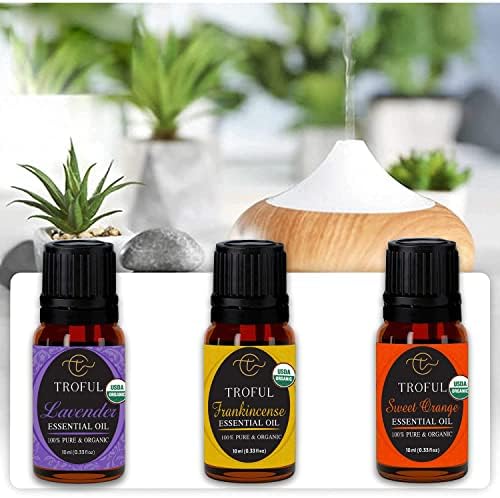 Трофул Топ 3 органски есенцијални масла плус сет за подароци на нараквици со чакра, УСДА органски чиста природна ароматерапија