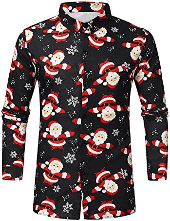 Junge грда Божиќна кошула со долг ракав за мажи Тенок фит копче надолу кошули за фустани Дедо Мраз и ирвас за печатење на ирваси