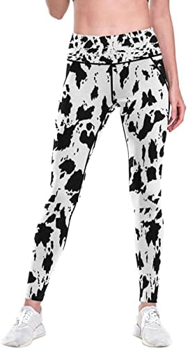 Женски високи половини јога панталони со џебови крави печати атлетски хеланки за жени Контрола на стомакот за контрола на вежбање на јога
