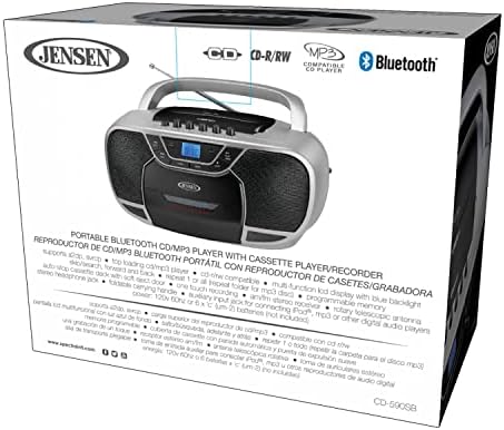 Jensen Stereo CD-590 Portable Bluetooth Home Audio CD/Cassette Boombox Digital Tuner AM/FM Radio Sound System, MP3 CD плеер со врвно вчитување,