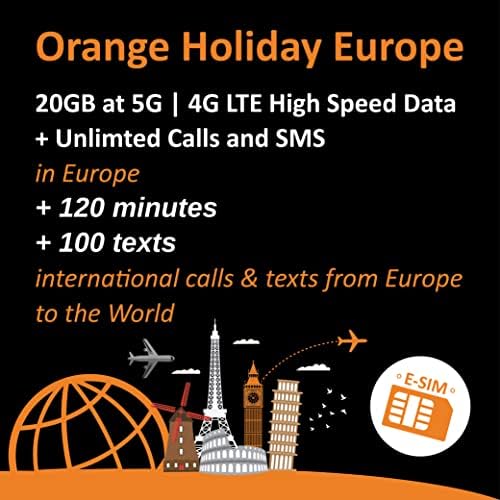 Портокал Празник Европа Припејд Esim Картичка 20gb Интернет Податоци ВО 5g/4G/LTE +120min &засилувач; 1000 СМС ОД Европа Во Која Било