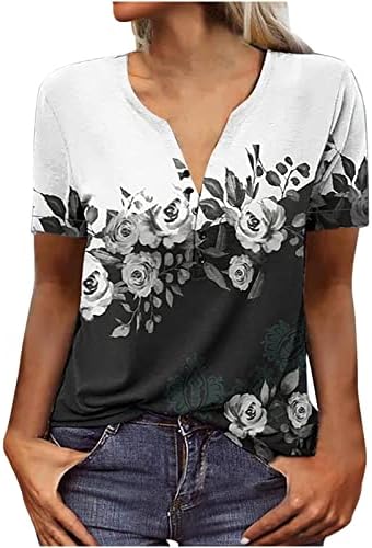 Женски летен обичен кратка маичка маица мода цветни печатени V вратот за слободно време на блузи, врвови на тонични врвови на туника