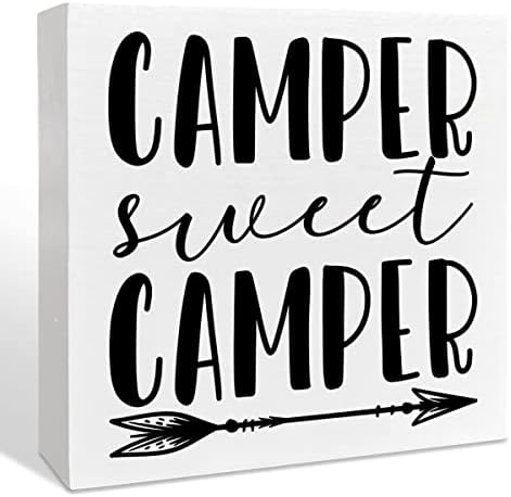Фармхаус кампување дрвена кутија знак, кампер сладок кампер, инспиративен декор на кампер за патувања за патувања, украси за