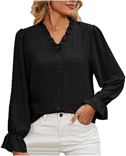 Пролет и летни врвови за жени 2023 мода руфла V-врат блузи цврста боја со долги ракави шифонска кошула врв