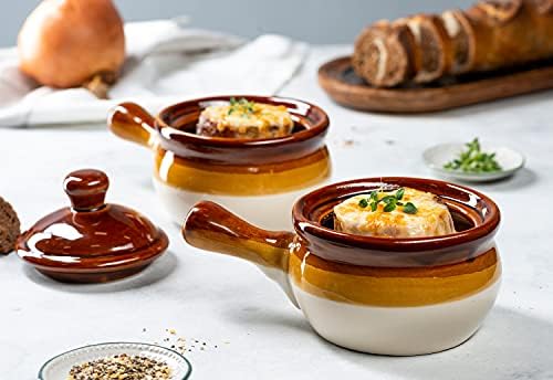 Француски кромид супа со капаци со капаци, од кук, керамички чинии, големи рачки, машина за миење садови, микробранова печка, безбедна печка
