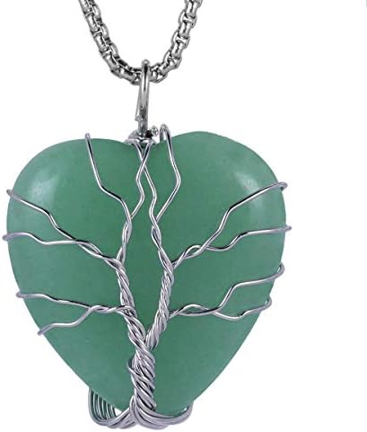 Sunyik Природно скапоцен камен дрво на живот приврзок ѓердан за жени, рачно изработена бакарна жица завиткана срцева loveубов заздравување