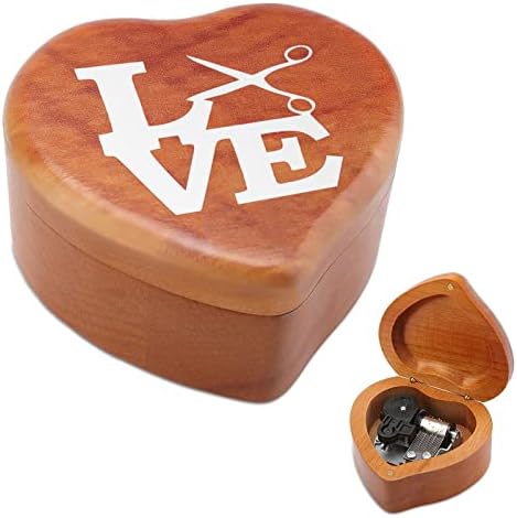 Loveубовни ножици Барбер фризурист Дрвена музичка кутија за ветровито во форма на срце во форма на печатени музички кутии за роденден на