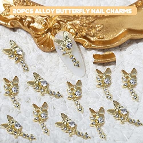 20 парчиња шарм за нокти на пеперутка, 3Д златна легура на пеперутки привлечност за акрилни нокти, нокти уметност ригистони за жени