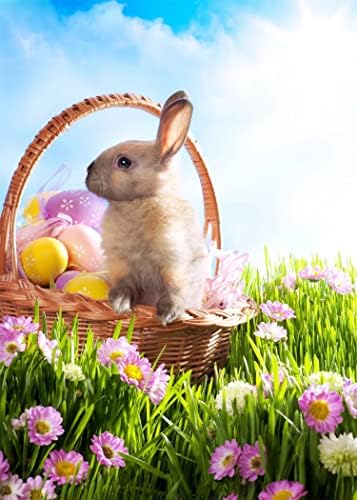 Корфото ткаенина 6x9ft Велигденска позадина фотографија ливада цвеќиња зајаче насликана позадина на корпа за јајца за пролетни фестивали за одмор