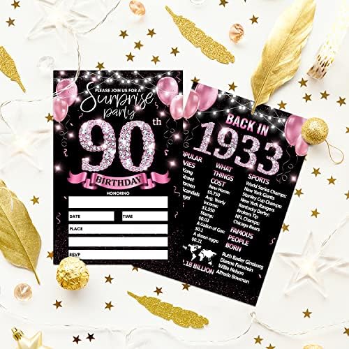 Картичка За Покана за Забава за 90-ти Роденден - Розово Злато Поканува Со Печатење На Постери Од 1933 Година На Задната Страна Двострани