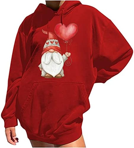 Преголеми дуксери џемпери за жени Валентин пуловер со аспиратор Симпатични врвови gnomes срцеви кошули со долги ракави