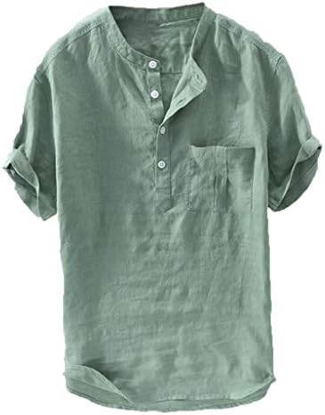 HDDK Mens Cotton Lenen Henley кошули, кратки ракави летни плажа врвови лесни копче до кока без редовната кошула за вклопување
