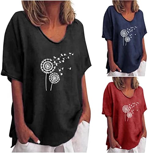 Женски памучни постелнини маички врвови трендовски глуварче печатени кратки ракави тунични маички обични лабави удобни о-вратови блузи