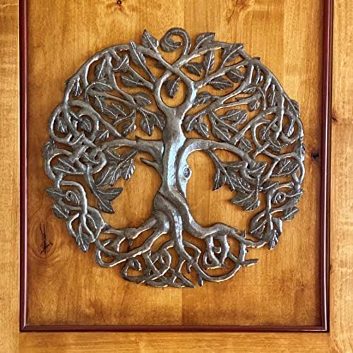 Мало дрво на животот wallидна уметност, 17,25 инчи круг, декор на метални уметнички дела на Хаити, келтски семејни дрвја, модерна