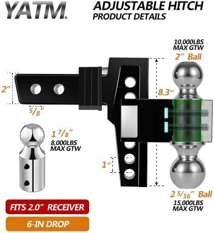 Yatm алуминиумски прилагодлив приколка за приколки одговара на 2 ресивер, 6 капка/пораст, ги заменува TRI топките клучни од бравите со двојни