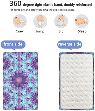 Виолетова мандала тематска опремена мини чаршафи, преносни мини креветчиња за креветчиња меки и дише лежишта за постелнина за момчиња, 24 „x38“,