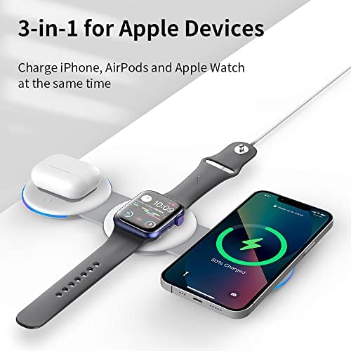 Преносен брз безжичен полнач, 3-во-1 станица за полнење за повеќе уреди Apple iPhone 14/13/12, AirPods & Watch