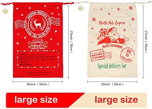 Ourwarm 2 парчиња персонализирани торби за божиќни подароци од Санта со големи вреќи за Дедо Мраз за деца, торби за Божиќни