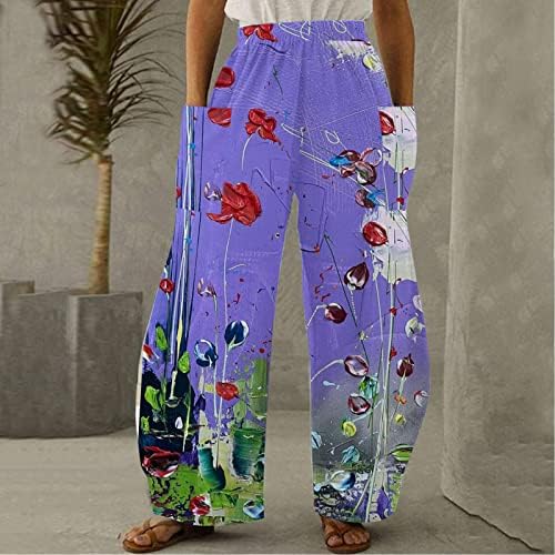 Панталци со висока половината Пантацо, жени, обични панталони со плажа, цветни печатени широки панталони со нозе, лажни летни