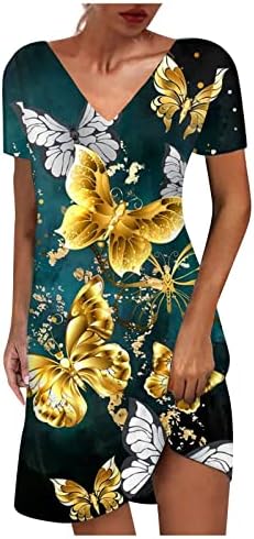 Хпјклитр Летни Фустани За Жени 2023 Обични Памучни Печатење Мода V Вратот Краток Ракав Лабава Права А-Линија Мини Фустани