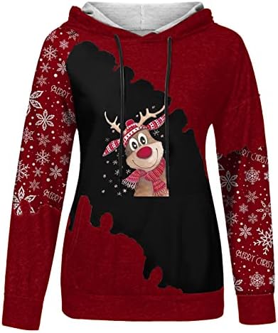 Божиќни дуксери за жени Смешно снешко печатење на пулвер, бојата со долги ракави со качулка блуза со џеб