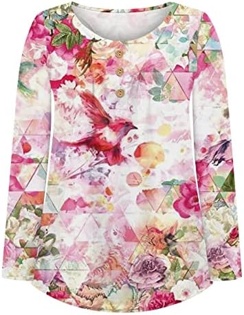 Женски врвови кријат стомак туника есен трендовски маици со долг ракав, симпатични цветни печатени маички, обична фустана блуза за нозе