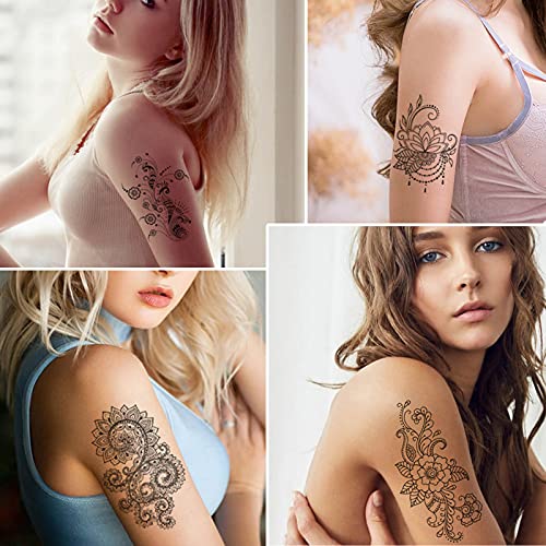 Привремени Тетоважи, Црна Мандала Цвеќиња Тетоважа Налепница За Жени И Девојки, 12 Листови Водоотпорен Секси Привремена Тетоважа