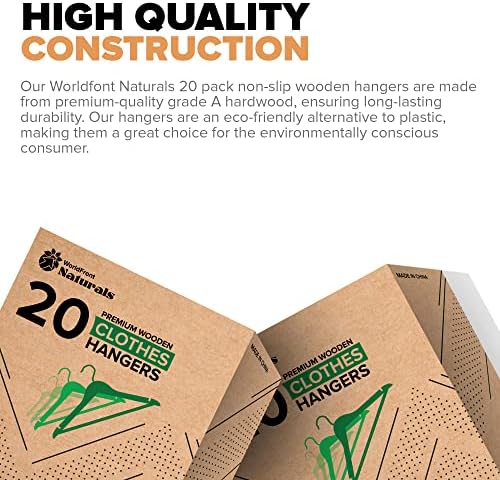 Worldfront Naturals 20 пакувања кои не се лизгаат дрвени закачалки- издржлива бамбус дрвена костум за палто за палто со 360 вртливата кука и