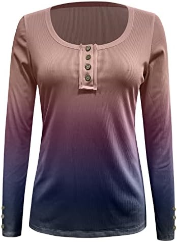 Ребреста тенок кошула со блуза за жени градиент во боја долги ракави врвови копче Хенли јака маица