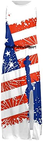 Фустан од 4 јули за жени Обично патриотско американско знаме, долги макси фустани летни фустани за сонце без ракави со џеб