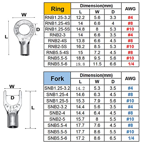 Teansic 600 парчиња не-изолиран прстен терминал и конектор за вилушка 22-10 AWG калај-позлатена бакарна прстен вилушка терминали
