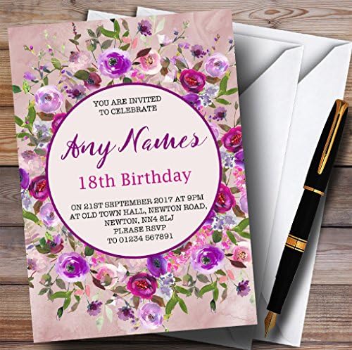 Розова &засилувач; Виолетова Акварел Цветни 18-Ти Персоналните Покани Роденден Партија