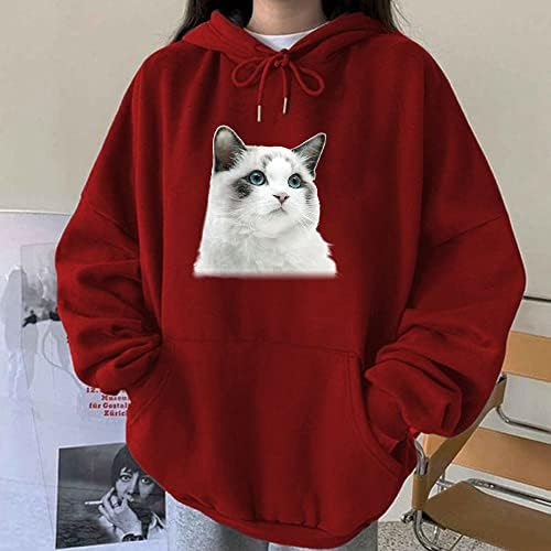 Женски животински печатени џемпери за влечење зимски топли дуксери врвови со џебови мачки графички џемпер со долг ракав
