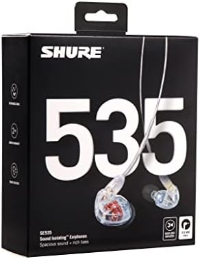 Shure SE535-CL професионален звук на звук на звук, звук со висока дефиниција + природен бас, тројца возачи, вклопување во уво, одвојлив кабел,