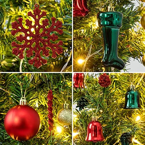 Орнаменти на новогодишни елки, 132 парчиња Божиќни украси за Божиќни топка Поставете црвено зелена златна божиќна топка Shatterproof виси
