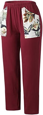 Pantsенски памучни постелнини панталони, плажа случајна удобност широка нога јога палацо бохо печатени дневни панталони со големи џебови