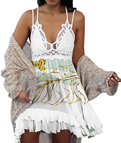 Стејтска цевка цветни печати лабава обична v врат шуплива од чипка од чипка од плажа фустан мини фустан жени летен фустан без ракави без ракави